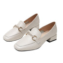 Square Toe Women's Leather Shoes, British Style Slip-on Loafers, Chunky Heel, Plus Size Women's Shoes
