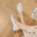 Square Toe Women's Leather Shoes, British Style Slip-on Loafers, Chunky Heel, Plus Size Women's Shoes