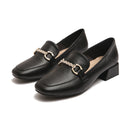 Square Toe Women's Leather Shoes, British Style Slip-on Loafers, Chunky Heel, Plus Size Women's Shoes