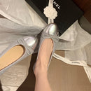 Round Toe Lambskin Flat Bottom Bow Patchwork Low Mouth Ballet Flats for Women