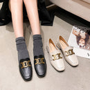 British Style Loafers Women's Square Toe Leather Shoes with Metal Buckle Two-Way Chunky Heel Women's Shoes