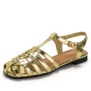 French-style closed-toe openwork sandals, new fashionable woven flat non-slip niche retro beach Roman sandals 1012-1
