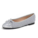 Round Toe Lambskin Flat Bottom Bow Patchwork Low Mouth Ballet Flats for Women