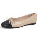 Round Toe Lambskin Flat Bottom Bow Patchwork Low Mouth Ballet Flats for Women