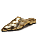 Women's hollowed-out woven pointed-toe sandals, new summer 2025 style, fashionable chunky heel, open-toe half-slippers, mules