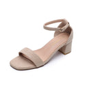 Summer One-Strap Buckle Open-Toe Low-Heel Sandals for Women, Perfect for Skirts, Suede High Heels, Non-Slip, Slimming, Korean