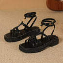 Women's Chanel-style woven strappy sandals, summer style, platform leather, retro Roman flat beach shoes, flat heel