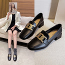 British Style Loafers Women's Square Toe Leather Shoes with Metal Buckle Two-Way Chunky Heel Women's Shoes
