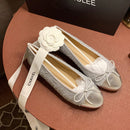 Round Toe Lambskin Flat Bottom Bow Patchwork Low Mouth Ballet Flats for Women