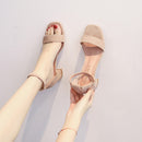 Summer One-Strap Buckle Open-Toe Low-Heel Sandals for Women, Perfect for Skirts, Suede High Heels, Non-Slip, Slimming, Korean