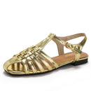 New style woven pig cage openwork sandals, vacation style, fashionable open toe, low heel, flat sole, one-strap Roman sandals 1012-3