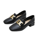 British Style Loafers Women's Square Toe Leather Shoes with Metal Buckle Two-Way Chunky Heel Women's Shoes