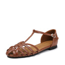 Women's woven openwork flat closed-toe sandals, summer wear, 2025 new style, breathable, one-strap, fashionable vacation Roman sandals.